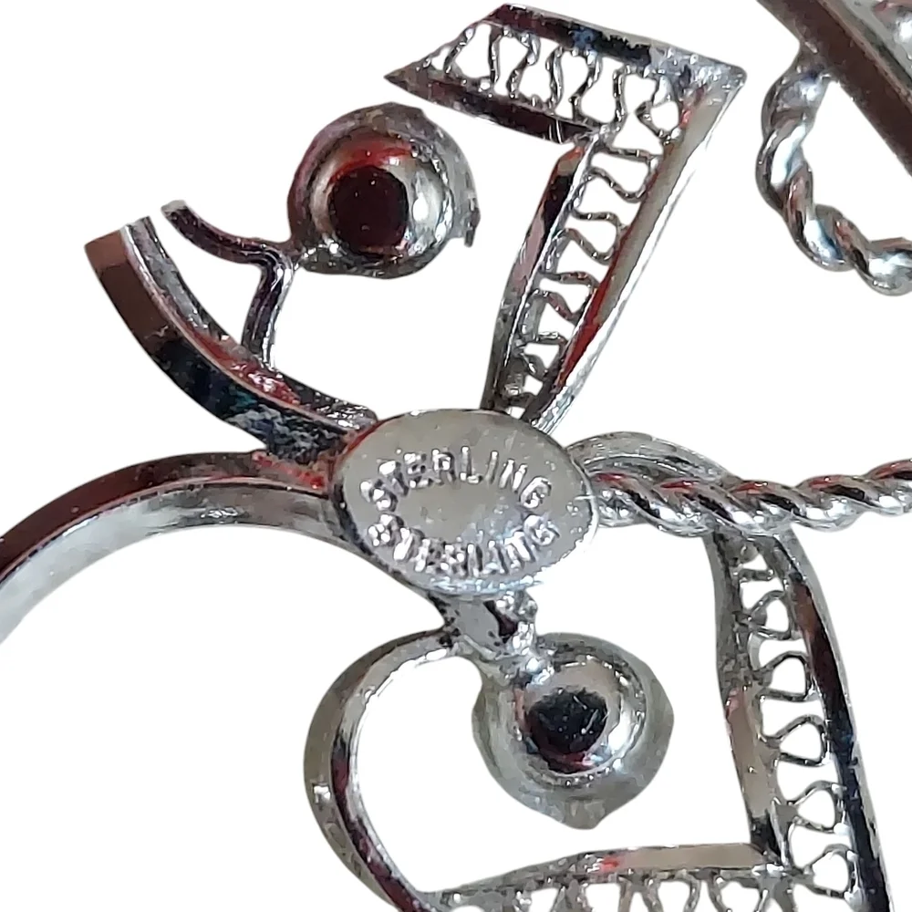 Vintage Sterling Silver Aurora Borealis Filigree Heart Brooch Pin